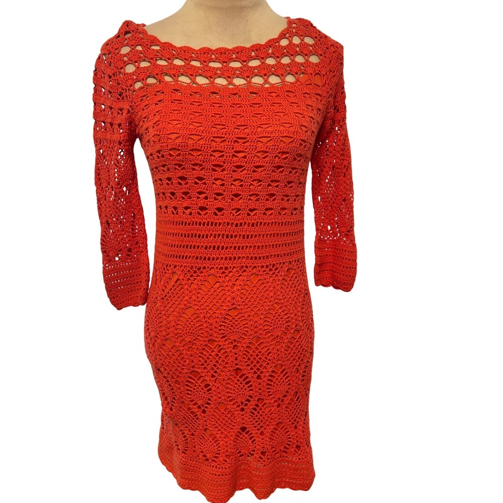 Maggy London Orange Crochet Knit 3/4 Sleeve Boho Mini Sheath Dress